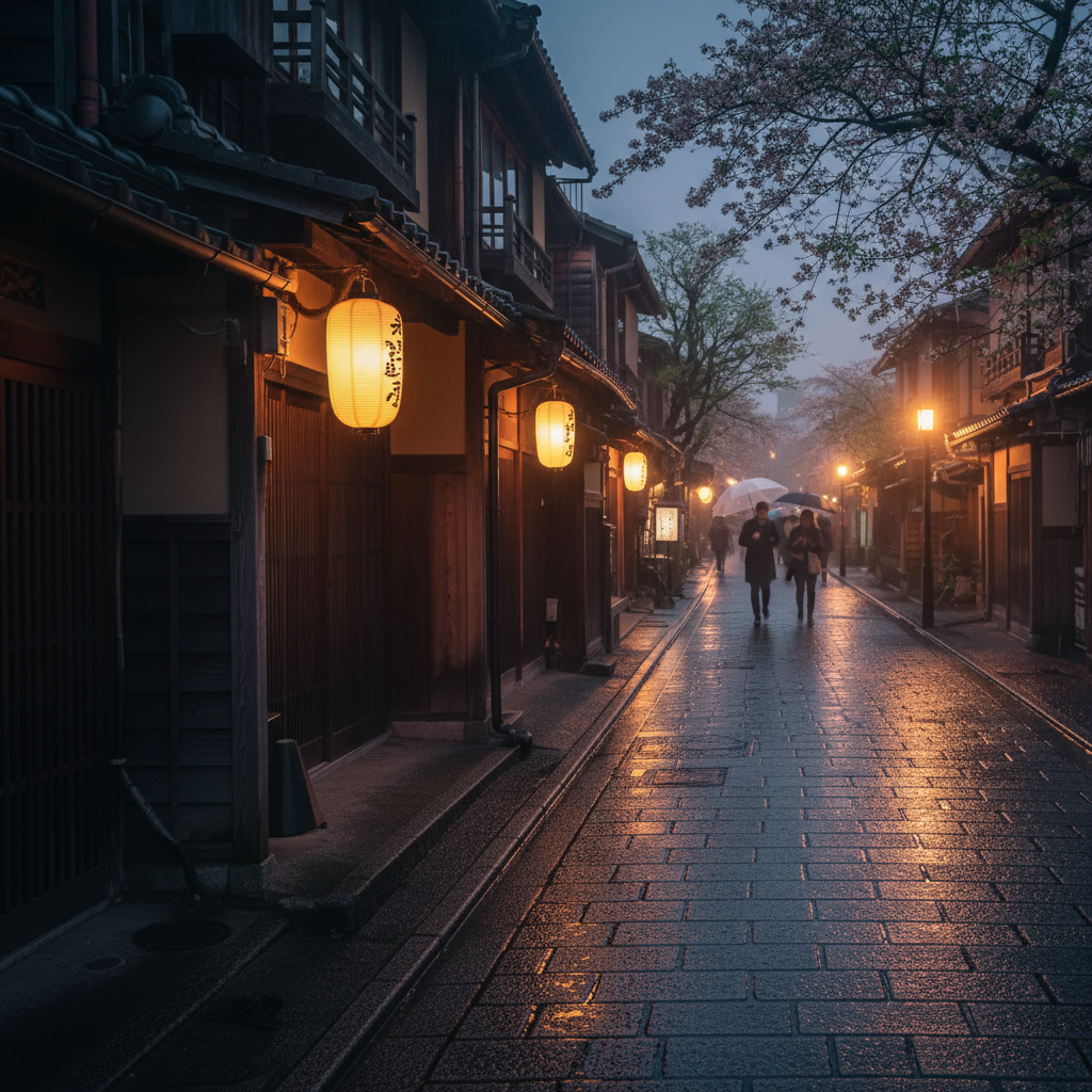 비 내린 후 촉촉하게 젖은 교토 기온 거리의 밤 풍경, 전통 목조 가옥과 처마 밑에 걸린 은은한 노란 제등 불빛이 어우러진 고즈넉한 분위기