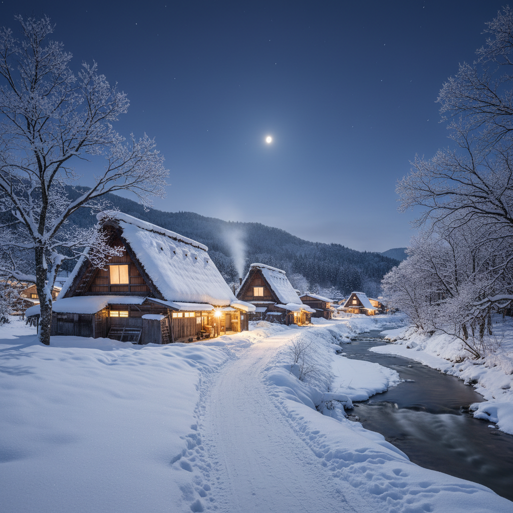 겨울철 눈 덮인 시라카와고 합장촌의 동화 같은 전경, 하얀 눈에 파묻힌 전통 가옥들의 창문에서 흘러나오는 따뜻한 빛과 고요한 설경